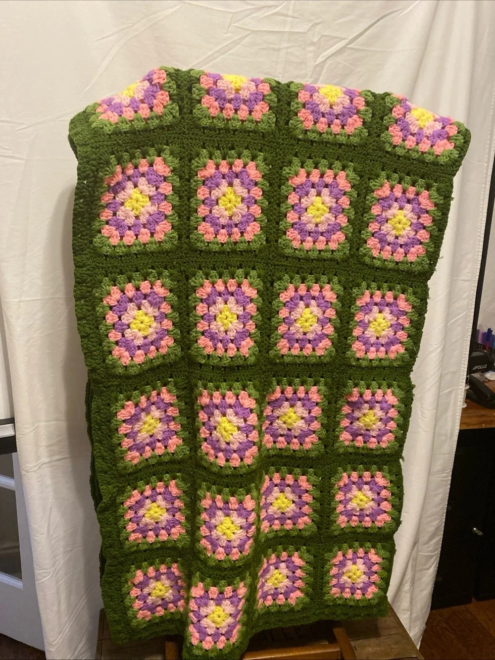 Handmade Granny Square Crochet Blanket in Olive, Pink, Lavender & Yellow